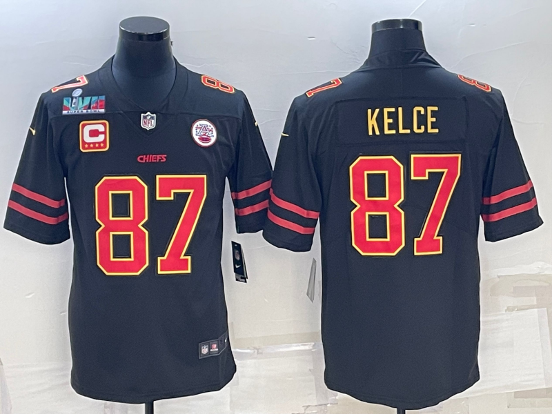 Men??s Kansas City Chiefs #87 Travis Kelce Black Red Gold Super Bowl LVII Patch And 4-star C Patch Vapor Untouchable Limited Stitched Jersey